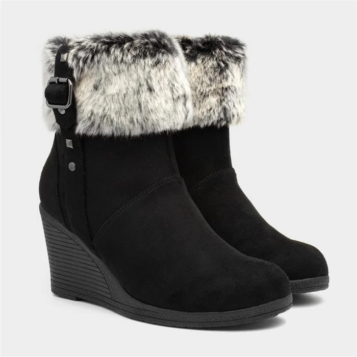 Lilley Womens Black Wedge Ankle Boot With Faux Fur 7 Lilley Womens Black Wedge Ankle Boot With Faux Fur - Image 5